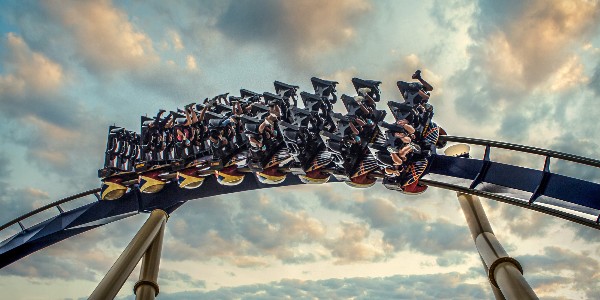 Guests riding the Montu roller coaster at Busch Gardens, Tampa Bay, Florida